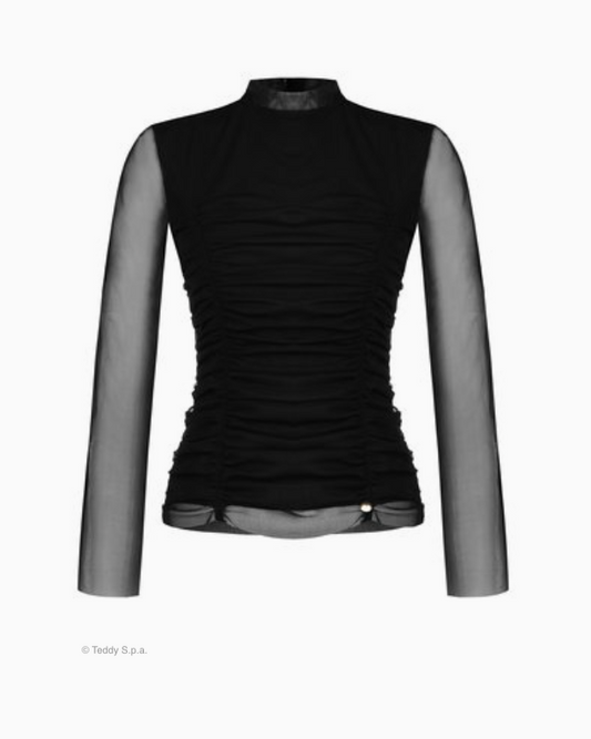 Doppellagige Netzbluse mit Raffung schwarz RC