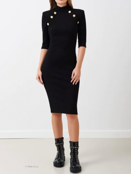 Kleid mit Zopfmuster und Marinniére-Knöpfen, schwarz RC